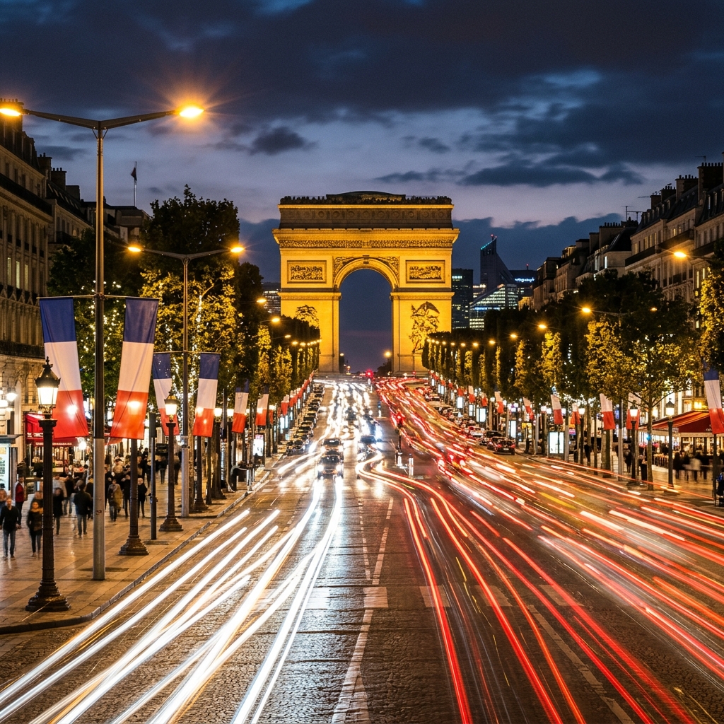 Champs Elysees avenue in Paris during the night.