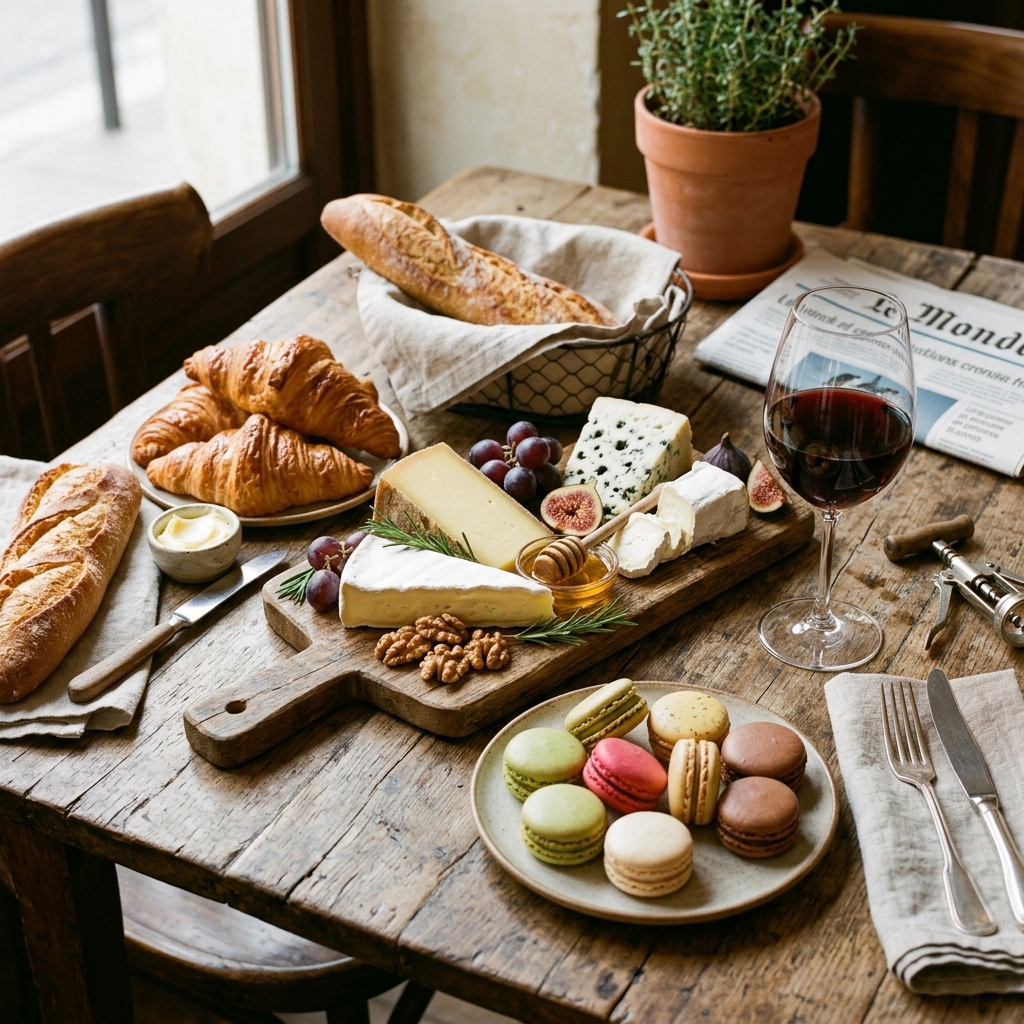 A spread of French food including croissants and pastries