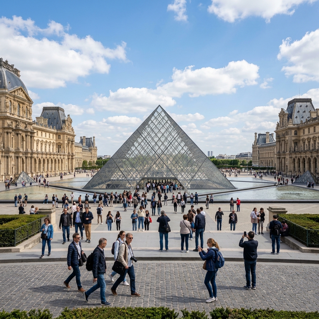 Glass pyramid and Louvre Museum in Paris.