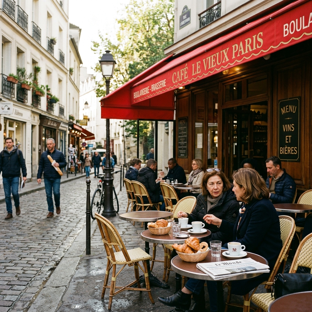 A traditional Parisian street cafe with outdoor seating