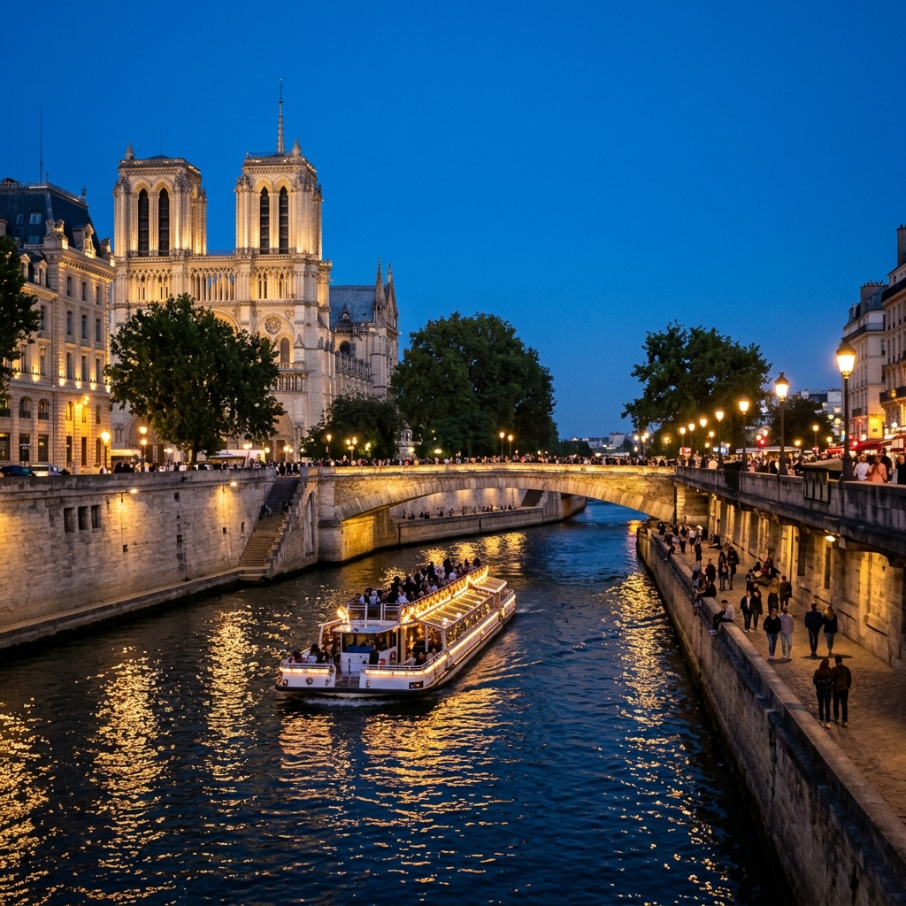 Paris, at night, along the Seine River.